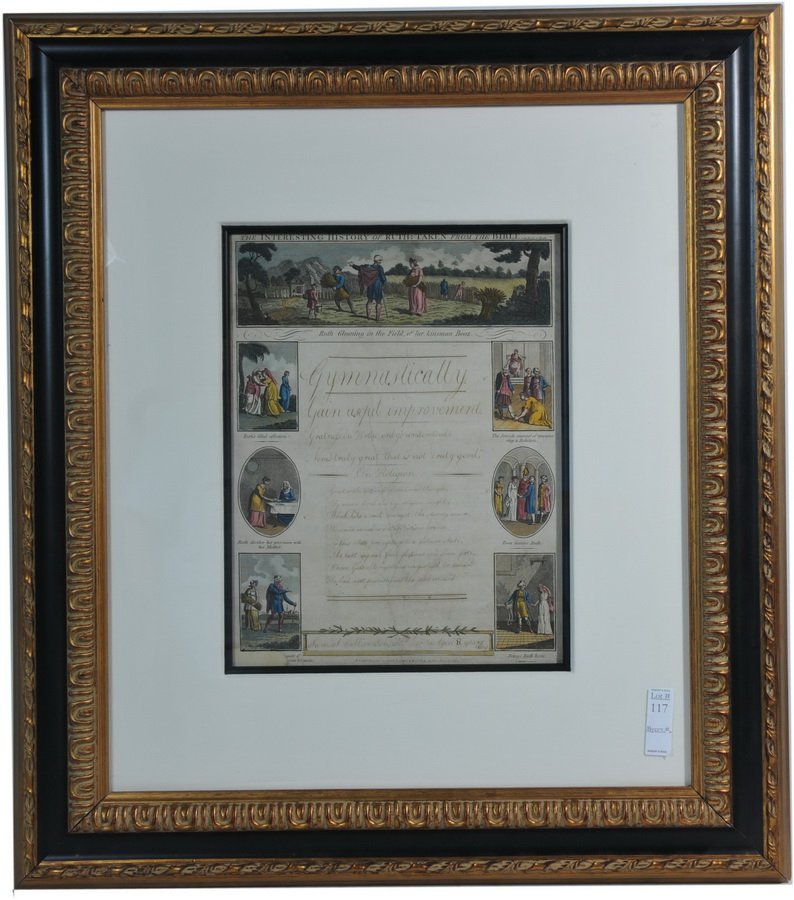 Framed Manuscript, interesting History of Ruth..: taken from the Bible, published November 1806 by Laurie & Whittle London. Samuel Collier scripted December 18 - aged eight years 1809. Seven colored illustrations from the book of Ruth, inside frame 1