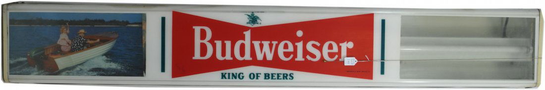 Six Advertising items beer related: Working lighted sign c. 1950's/1960's Budweiser King of Beers 73 x 10 depicting man and woman on left side in old speed boat. Take home Schlitz sign dated 1956 excellent condition depicting man and wo