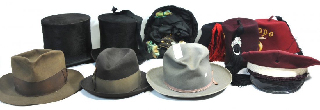 Collection of 11 old hats: to include: two stove pipe hats one signed W.H. Fogg, Bath Maine. Three Fedora, by Dobbs, Hoyt Hat Company with photo of race horse trotter/pacer "Demon Hanover" winner of 1948 Hambletonian. Three Tem