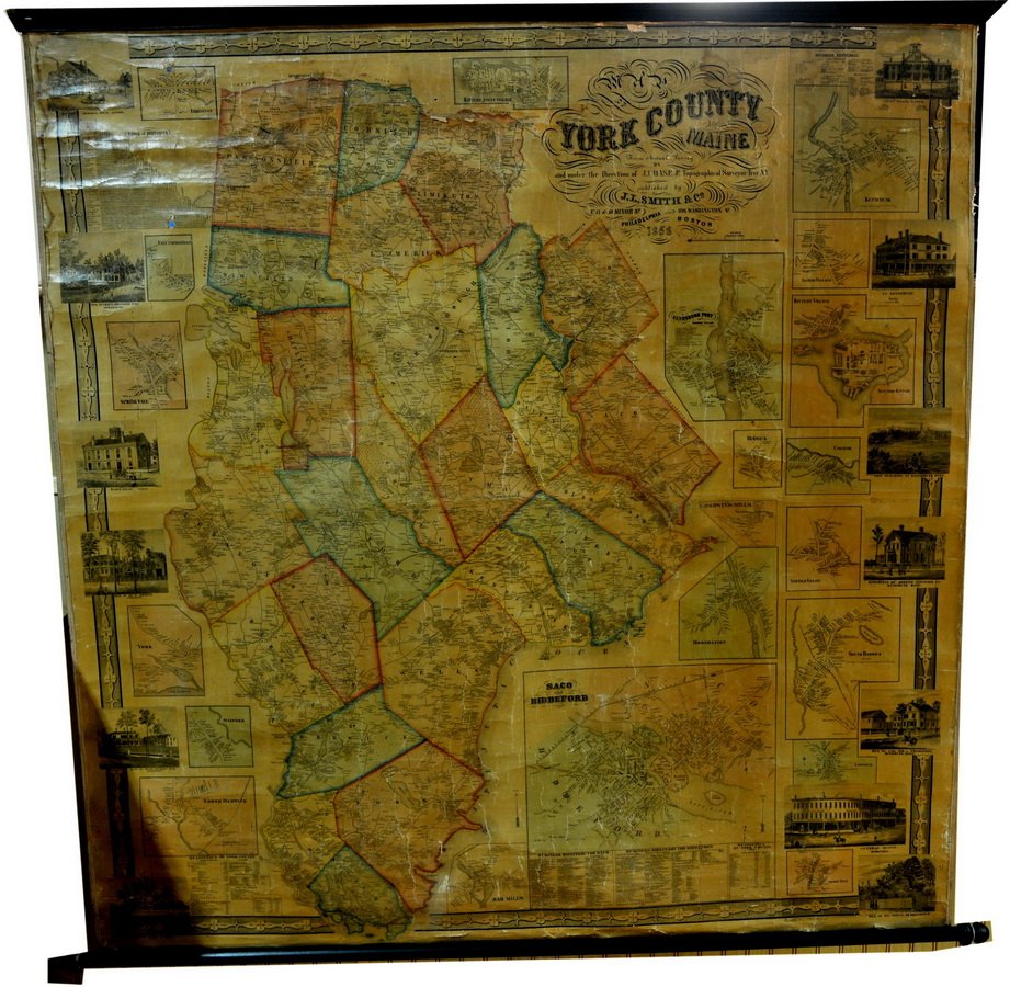 Pair of Hanging Maps: York County Maine 1856 published by I. I. Smith and Company. The other map is Cumberland, County Maine by Sidney Baker and other, c. 1857.