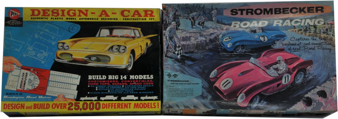 Collection of Old Models: Strombecker Road racing play set 9950 in original box cars and track inside with Strombecker booklet dated 1952. Design A Car Authentic plastic Model Automobile Designing No. 361 in original colorful 
