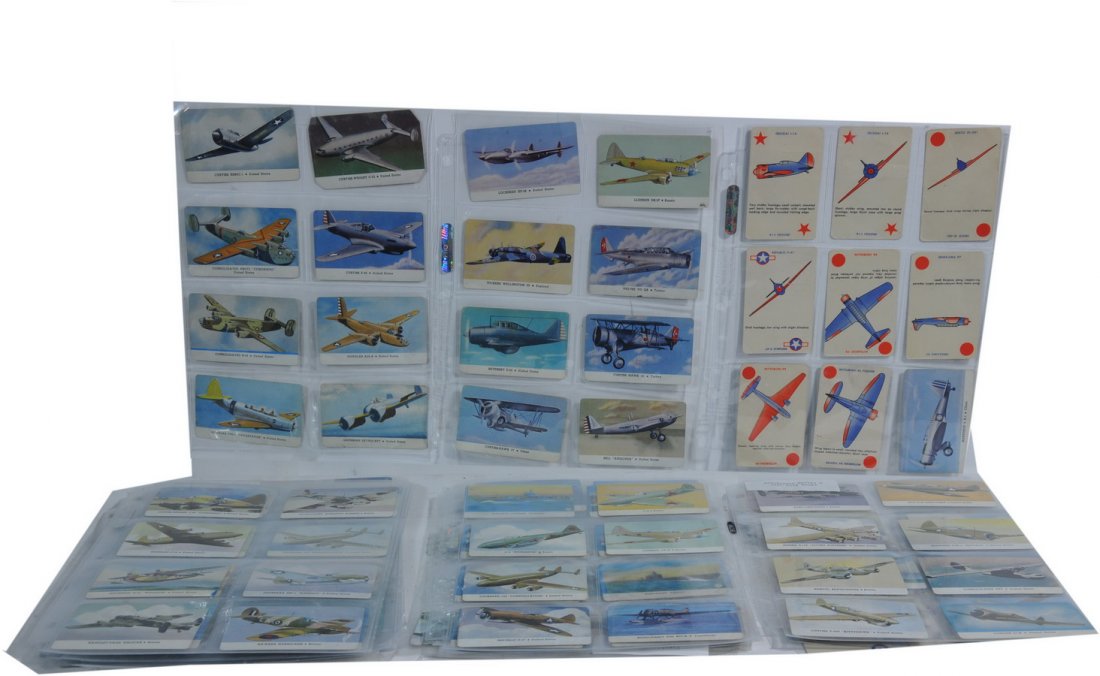Collection ofover 150 Airplane cards in: plastic sleeves depicting fighters, squadrons, bombers from Aeroplanes Series A, B ,C, D. Some playing cards