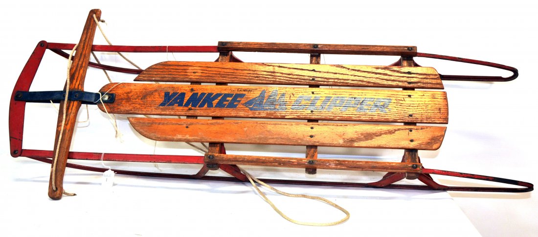 Yankee Clipper Sled signed by Joe Dimaggio: Child''s curved runner sled autographed by Joe Dimaggio