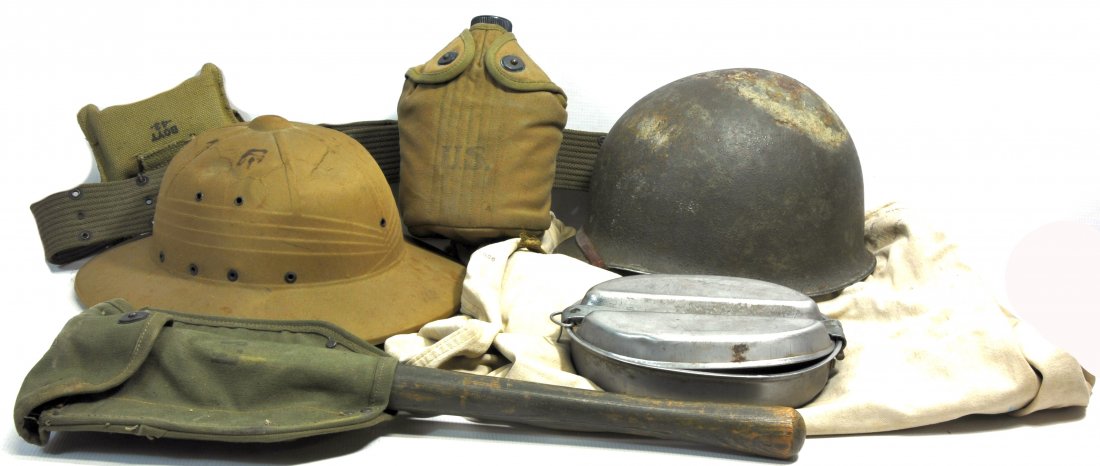 WWII US GI Collection: WW II US GI collection includes: US Army Pith helmet, US mess kit, laundry bag, US trench tool with cover, US web belt with canteen cup and cover, A GI issue bandage in the original BOYT pouch and wax
