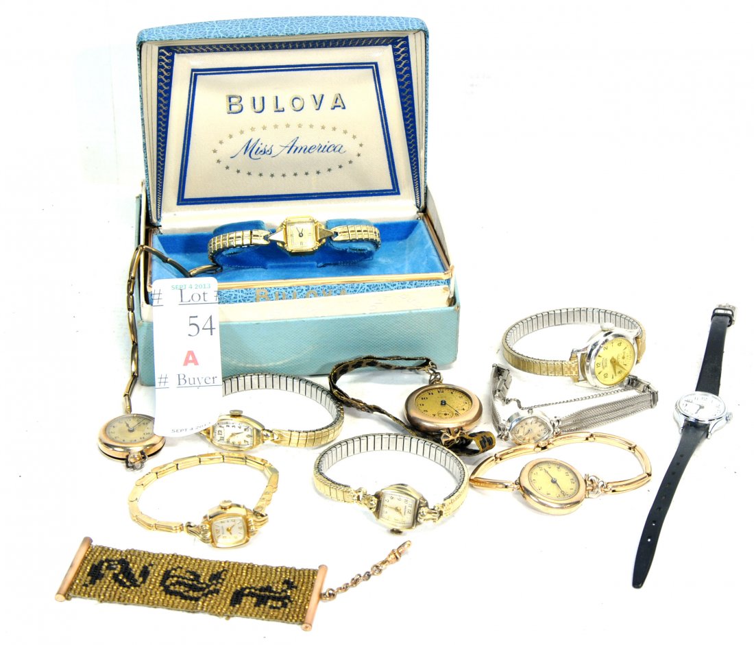 Vintage Ladies Watch Lot Including 14Kt.: 14Kt. Ladies Bulova Watch in Original Box, 14Kt. Gold Hamilton Watch, 14 Kt. Gold Ladies Longines Watch and gold filled watches
