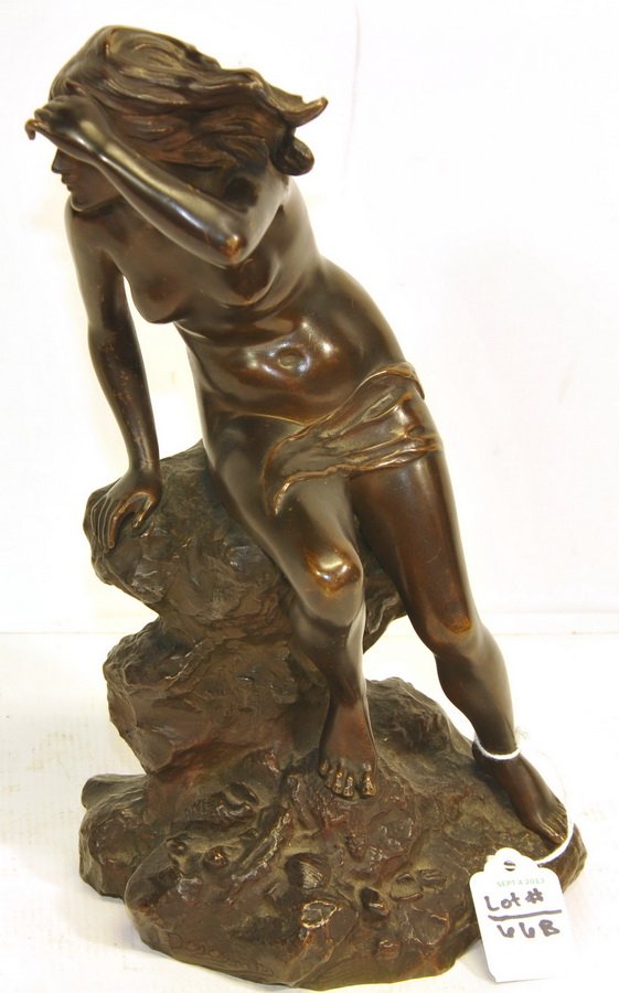 Joseph J. Emmanuel (Descombs) Cormier (1869-1915): "Nu Féminin", nude woman sitting on a rock near the sea and looking outward towards the horizon. Signed “J Descomps” along the oblong base with “Louchet” foundry mark on the underside. Measur
