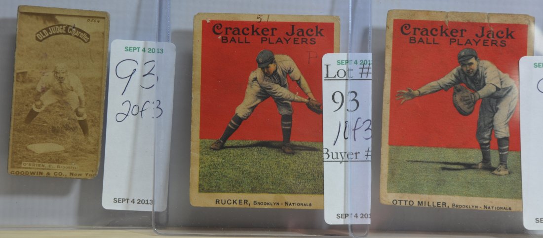 Three Old Baseball Cards: 1887 Old Judge Obrien/Brooklyn, 1915 Cracker Jack Nap rucker and 1915 Cracker Jack Otto Miller