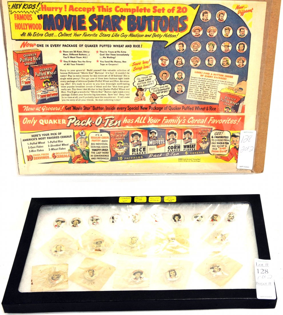 Complete set of Quaker Cereal Movie star buttons: with 10 in unopened packs to include Ronald Reagan, Veronica Lake, Bill Elliott, Tim Holt, Guy Madison, Monte Hale, Alan Ladd, William Bendix, Betty Hutton, Macdonald Carey and more. with full color a