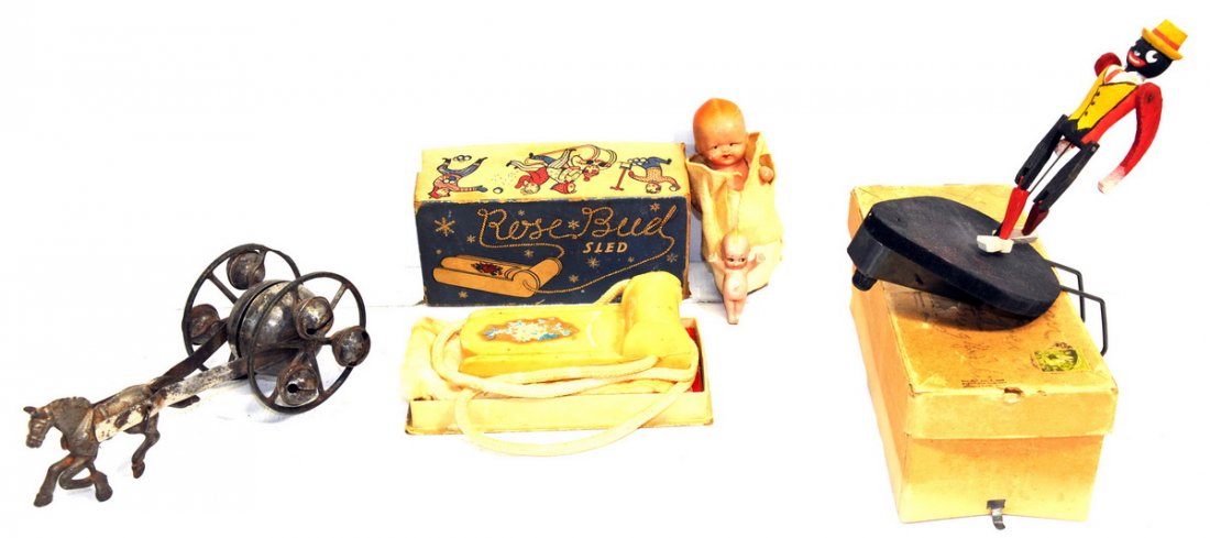 Toy Collection 5 Pieces: Including Dancing Man-Original Old Paint with original shipping box and stamp, Rosebud Sled made in fine soap Lightfoot New York with original box and great graphics, 5" Kewpie Doll signed on back of