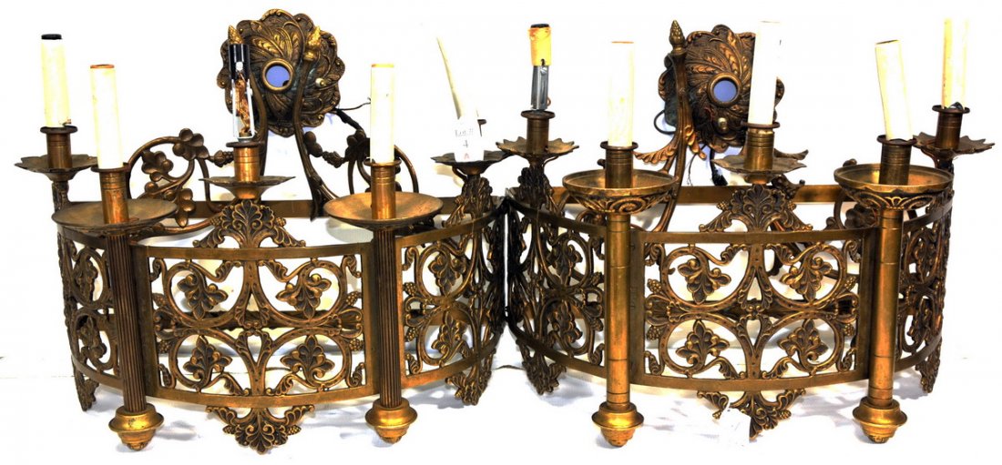 Pair of Brass and Iron Wall Sconces: Made in Spain brass and iron electrofied very ornate 19"