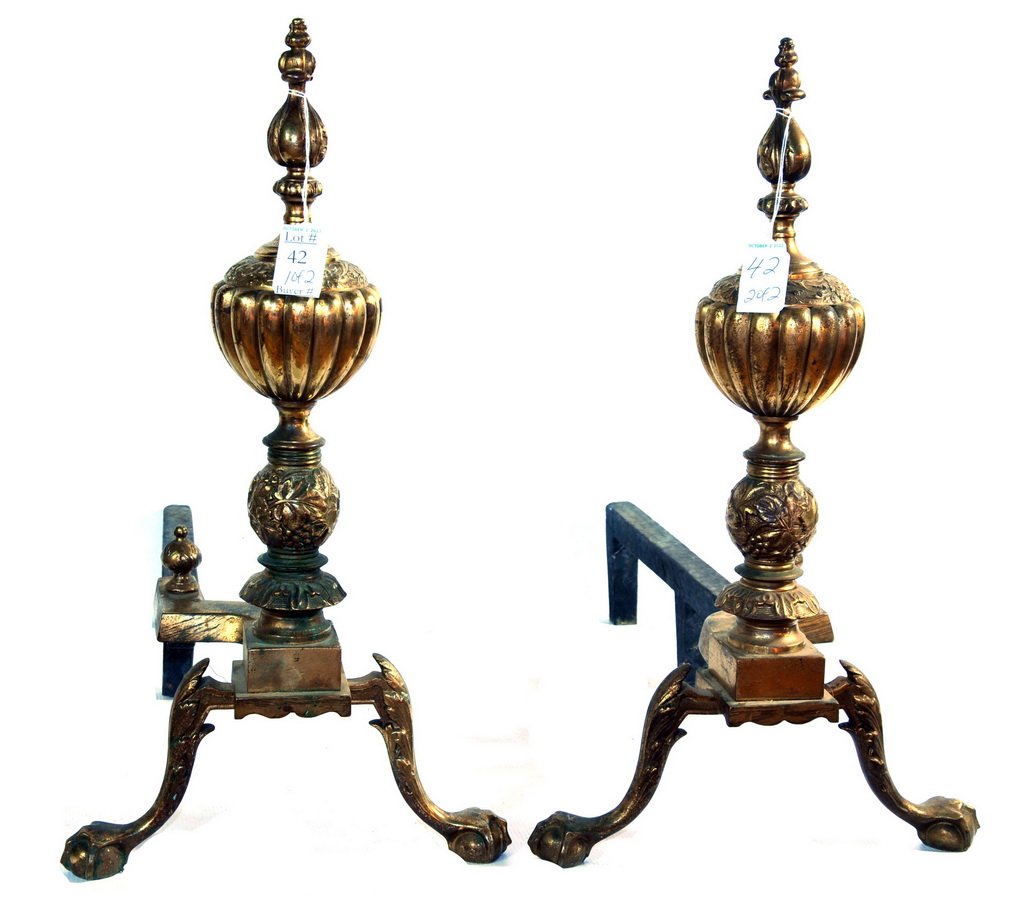 Pair of Heavy Brass decorative Andirons: Pair of Heavy Brass decorative Andirons