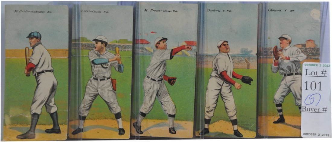 5 1910 Mecca Cards T201: Mordecai Brown, Fianti Chance, Jon Evers, Hal Chase and Larry Doyle