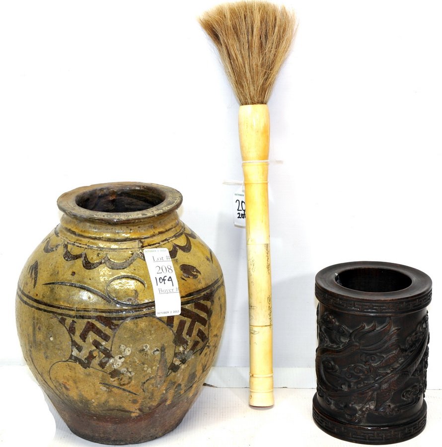 Carved wood brush pot 6 x 4.5: with white calligraphy brush 12", brown color vase with decorative motifs, 9.5 x 4.5 and Chinese scroll with forest scene and mountains with calligraphy writing.