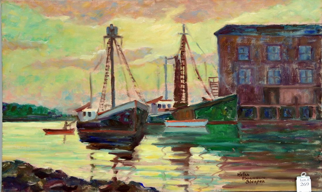 Oil on Canvas Harbor / Helen Burrows Sleeper: Measures 24x20