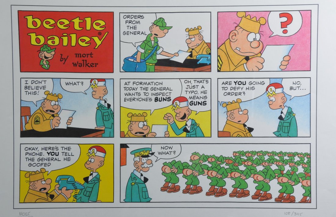 Signed 21"X28" Beetle Bailey Comic: Great comic signed by Mort Walker the creator of Beetle Bailey.