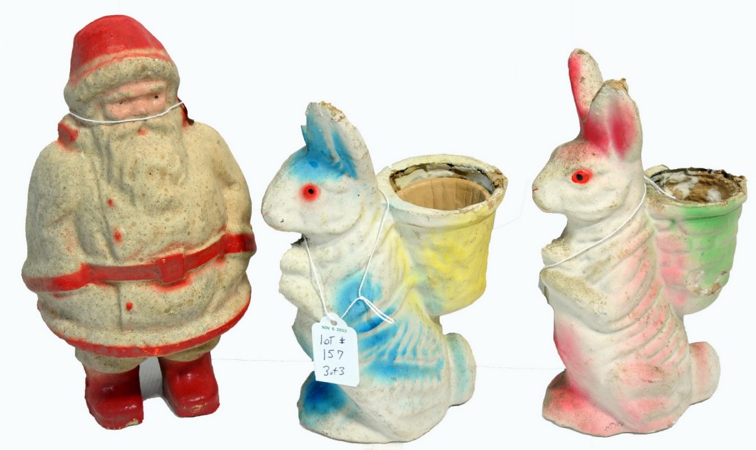 Old colorful Paper Mache pair: of Easter Bunnies 9" and Santa Claus 10"