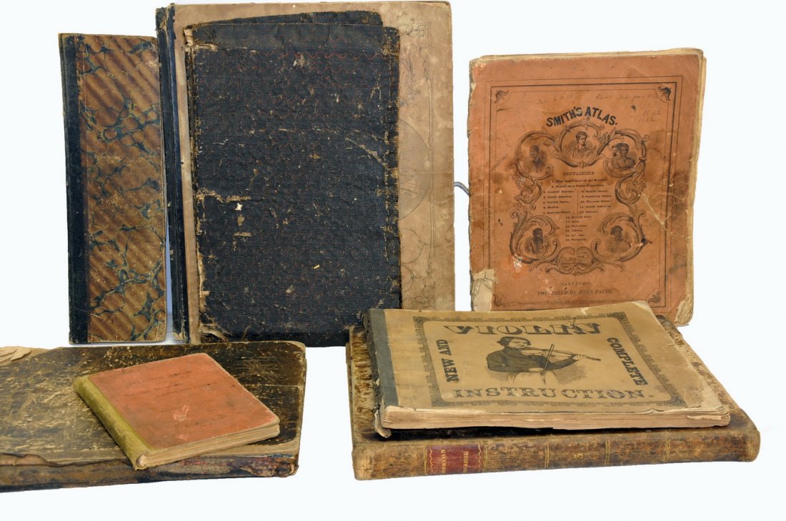 Collection of over 30 old antique books: and ledgers to include: 1840 bound Boston Weekly Magazine, 1832 Critical Pronunciation Dictionary, undated An Alarm to Uncon verted Sinners by Joseph Alleine, 1866 A Treatise on The Faith of the Freew