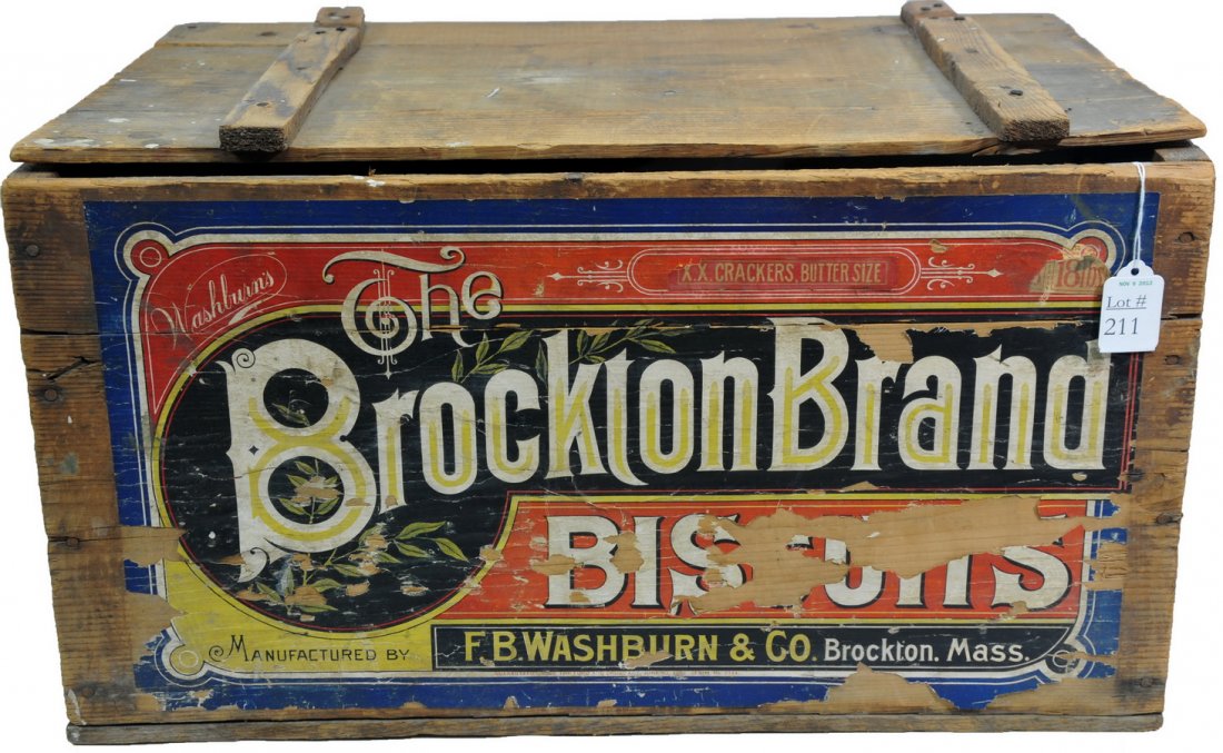 Antique Biscuit Advertising Box Crate: Vintage Used Wood Wooden Washburn's Brockton Brand Biscuits Advertising Box Crate. Measures approximately 13.75” x 21.5” x 12”