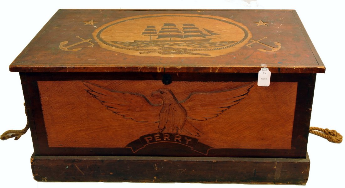 Carved Nautical Chest by Robert Lee Perry: Who was the husband of coca-cola model Dora Perry measures 44x24