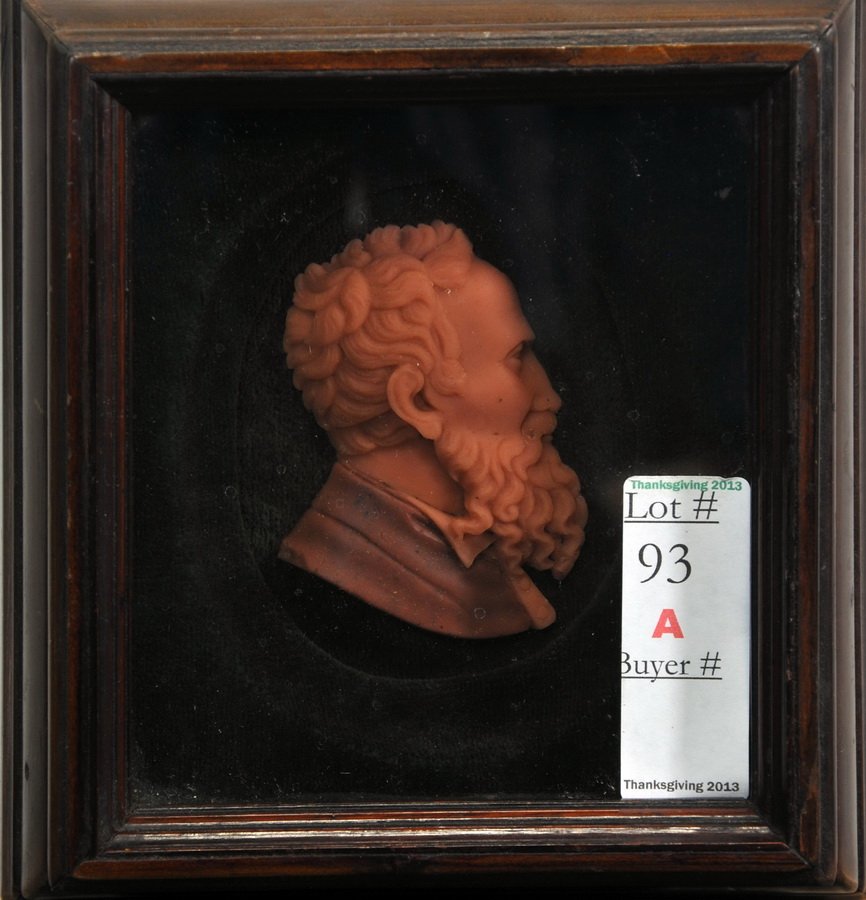 19th Century Wax Portrait of Leonardo Davinci: In a shadow box display, measures 6"x5"