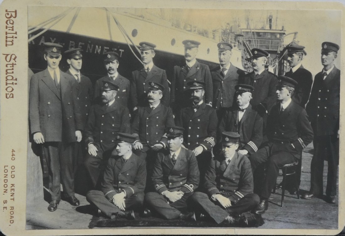 Rare cabinet card of CS Mackay Bennett: CS Mackay Bennett cabinet card depicting the crew who was charged with recovering the bodies of the RMS Titanic in April 1912. Card was produced by Berlin Studios 440 Old Kent Road London and is 6 1/2