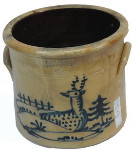 Bennington Stoneware Crock w/ Deer: Two gallon stoneware crock that reads "J. & E. Norton Bennington VT" and features a beautiful pastoral scene with a deer by a pond. It measures 9" x 10.25" and is in good condition, with only a small