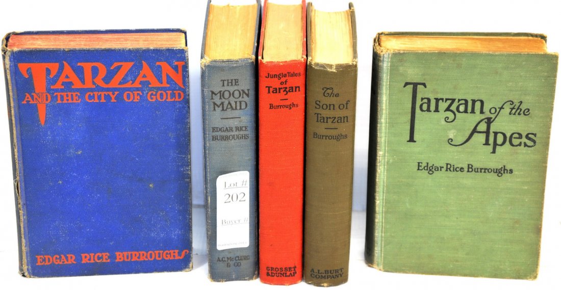 Lot of Edgar Rice Burroughs Books: To include: "Tarzan and the City of Gold" (1933 true 1st edition), "The Son of Tarzan" (1918), "Jungle Tales of Tarzan" (1919), "The Moon Maid" (1926, some bookworm damage to pages), and "Tarzan of th
