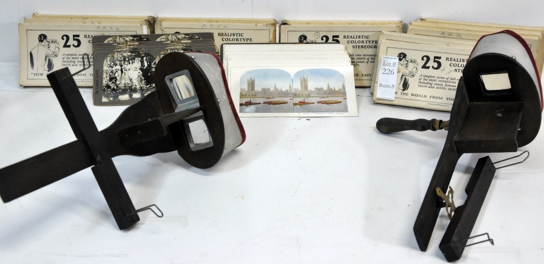 Stereo card Viewer Lot: Featuring two stereo card viewers and over 300 American Color type stereo cards.