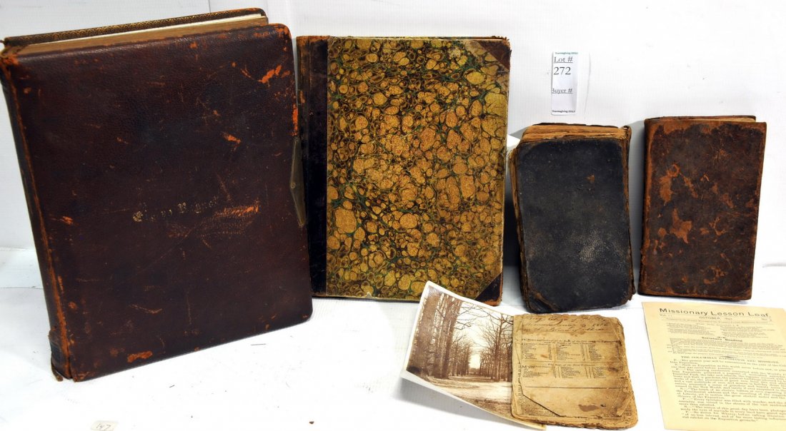 Four Piece group of ephemera: Including 1874 Ledger from Cape Elizabeth including tax records for prominent families Dyer, Jordan, Skillins, Reynolds family photo album, Early Book signed by Joshua Hobbs and 1816 Bible.
