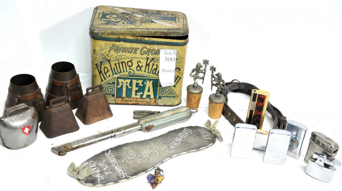 Discovery Lot of Reynold Estate Smalls: Items found in the old Reynold's Estate South Portland, Maine (first Mayor of South Portland, ME) To include several goat bells, Old English Breakfast Tea tin (Ke-Lung & Kiang- Su), several lighters, 