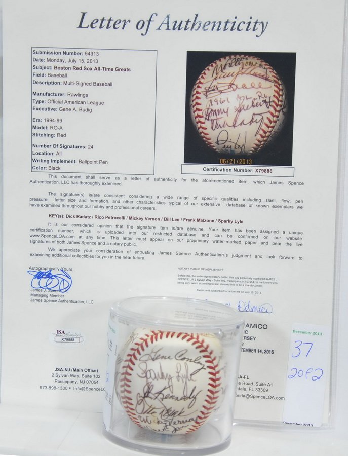 Red Sox Greats Signed Ball JSA COA: Signed by Dick Radatz, Rico Petrocelli, Mickey Vernon,Bill Lee, Sparky Lyle and Frank Malzone 24 signatures total.