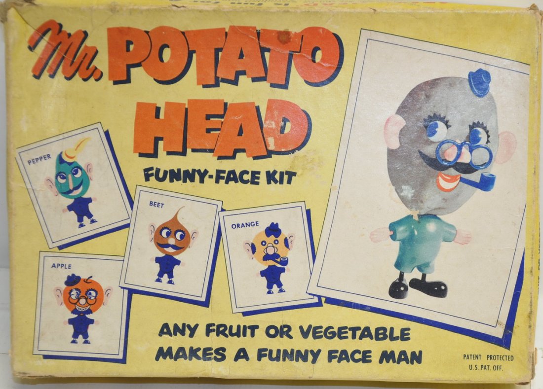Early Mr. Potato Head in original box: Funny Face Kit with original pieces including green pipe, "Toothy", "Who Nose", "Button Nose" "Ski Nose", "Idaho Pete" "Dapper Dan. Hessenfield Bros., Rhode Island.