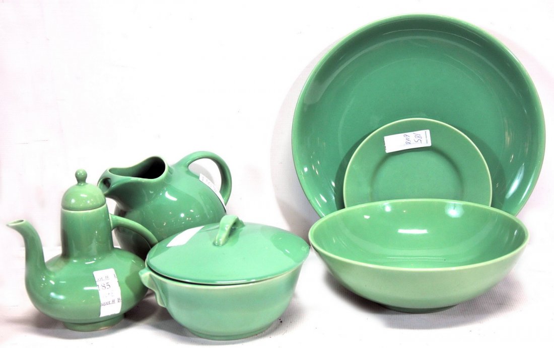 Gladden McBean 8 Piece Serving Set: Including water pitcher, platter, serving bowl with cover, coffee pot, plate, bowl and coaster