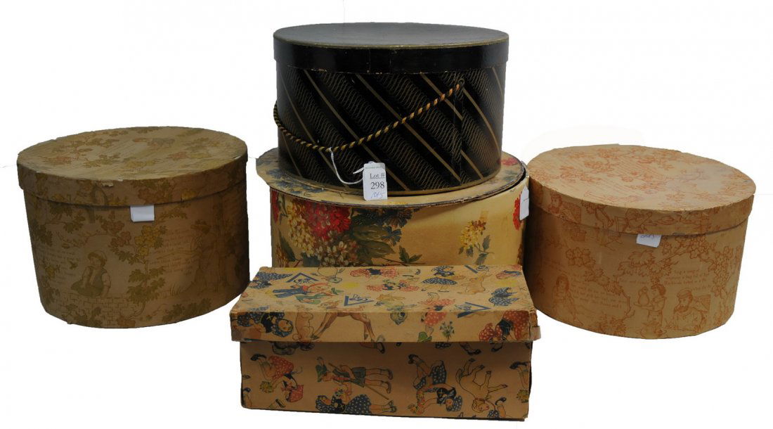 Collection of antique hat boxes with hats: to include Abercrombie and Fitch and more