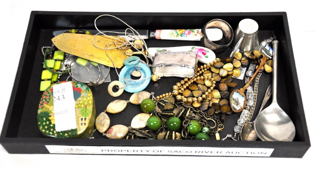 Collection of costume jewelry: with napkin rings and souvenir spoons, etc.