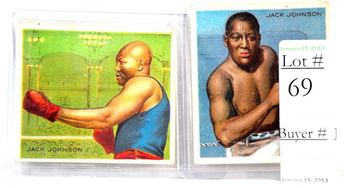 Two 1910 T-218 Jack Johnson cards: Two 1910 T-218 Jack Johnson cards