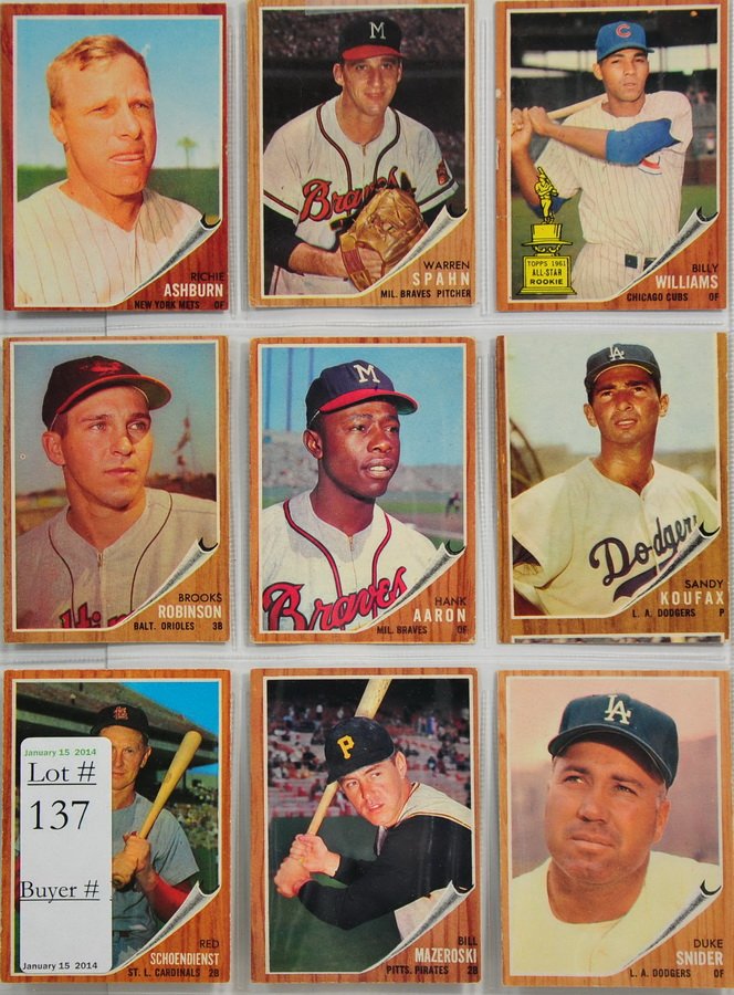 9 1962 Baseball Stars: Richie Ashburn, Warren Spahn, Billy Williams, Brooks Robinson, Hank Aaron, Sandy Koufax, Duke Snider, Bill Mazeroski and Red Schoendienst