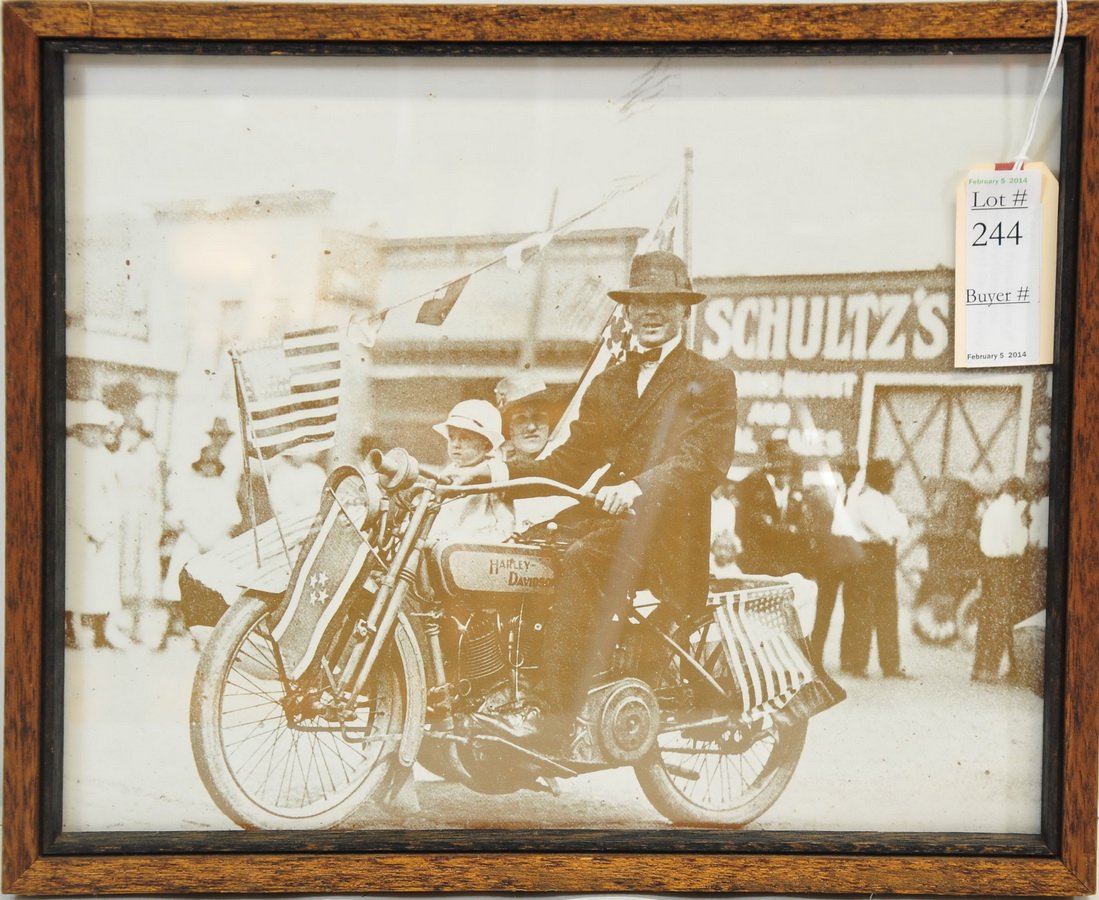 1917 Era Framed Photo Man on a Harley Davidson: 13x11