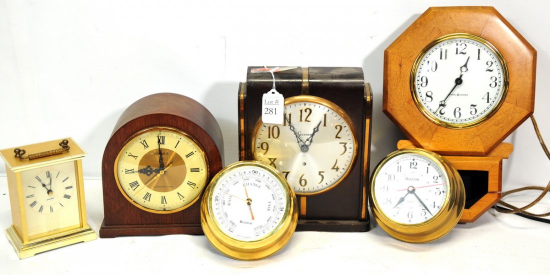 Collection of 6 clocks: Including Bulova Clock and Barometer