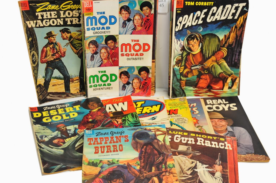 26 Classic Comic Books to Include:: 1958 & 1958 Gunsmoke, 1960 Huckleberry Finn, 1967 Daniel Boone, 1969 The MOD Squad, 1968 The Man From UNCLE, 1960-77 77 Sunset Strip, 1954 Space Cadet #11, (6) 1950's Cheyenne, 1960 The Real McCoy's