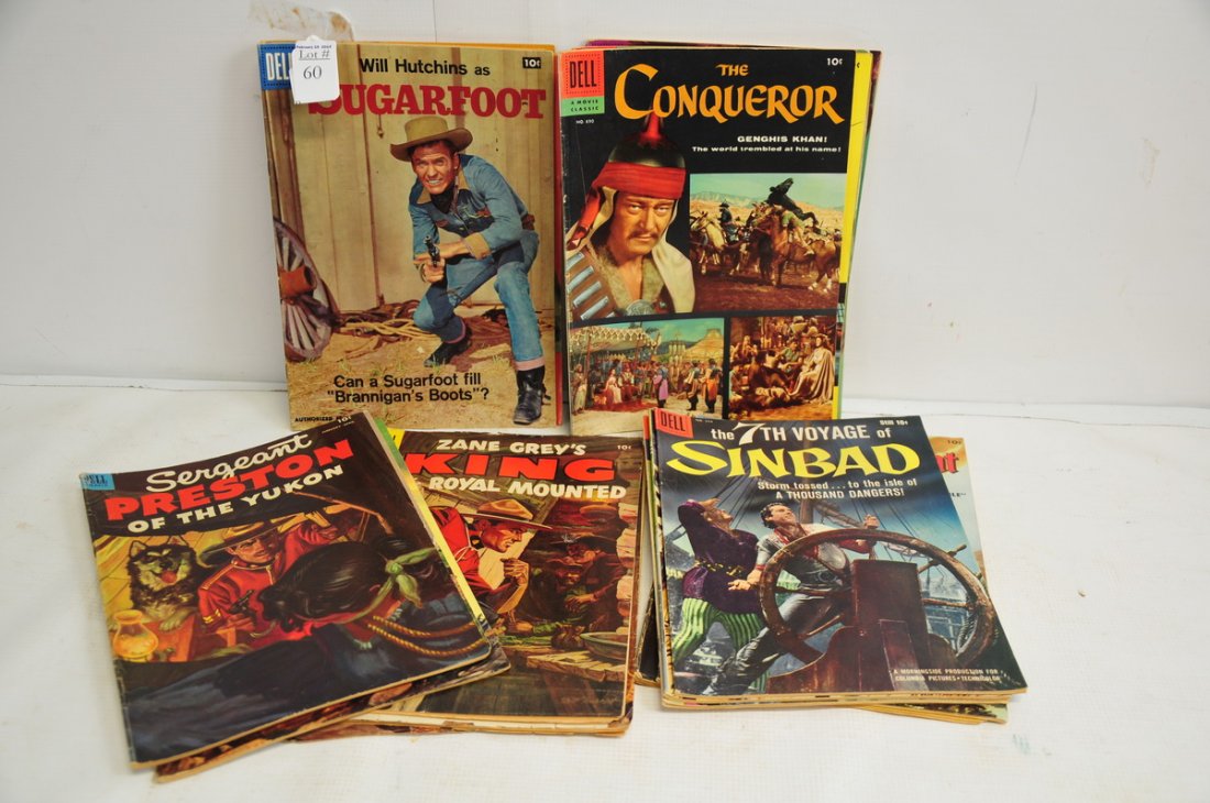 20 Classic Comic Books to include:: 1956 The Conquerer, 1958 Maverick, 1858 The Vikings, 1957 The Story of Jesse James, 1958 Sugarfoot, 1958 The Lawman, 1955 Sir Walter Raleigh