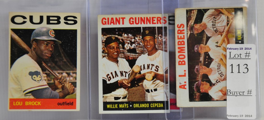 4 1964 Topps Cards: Lou Brock, Ernie Banks, Willie Mays/Orlando Cepeda, and AL Gunners Maris, Mantle, Cash and Kaline