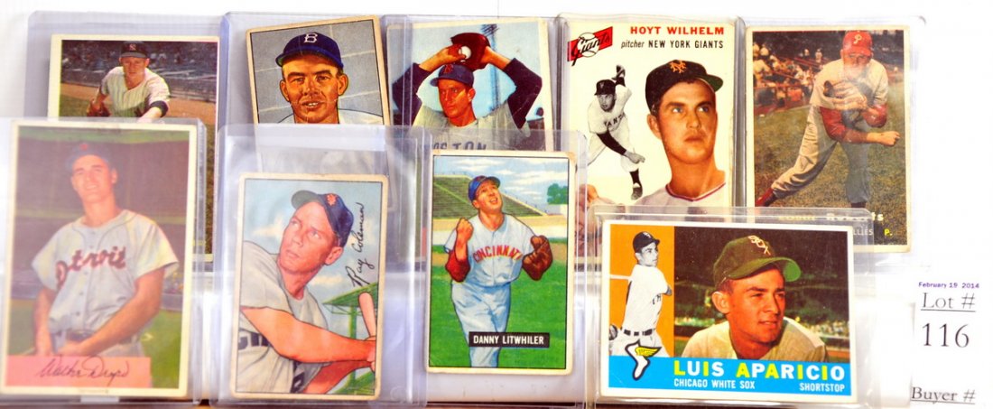 Group of 1950's Baseball cards: Including 1954 Hoyt Wilhelm, 1957 Whitey Ford, 1954 Bowman Walt Dropo, 1957 Robin Roberts, 1954 Bowman Ellis Kinder, 1960 Luis Aparicio, 1951 Bowman Joe Hatten, 1951 Bowman Danny Litwhiler, and 1952 B