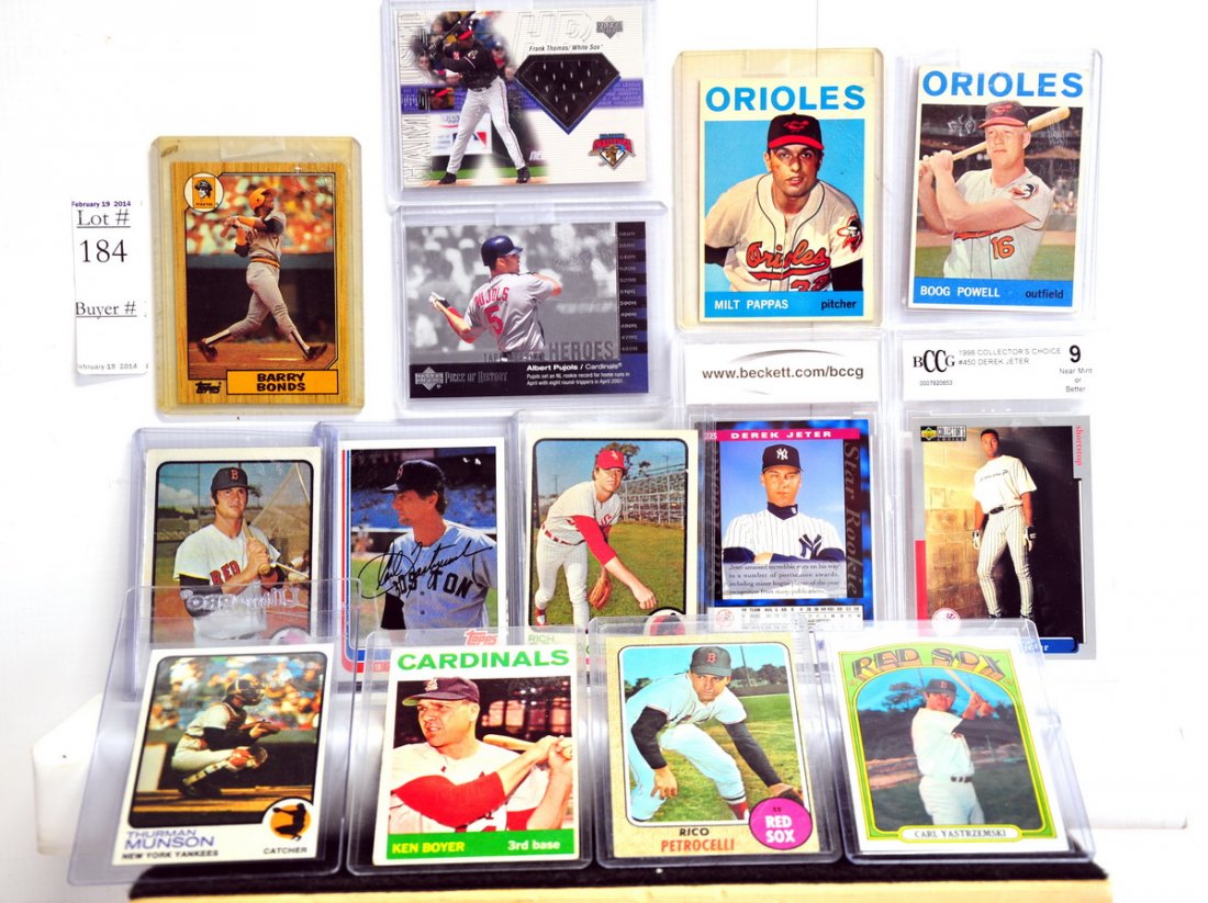 Collection of vintage baseball cards: Including 1964 Milt Pappas, 1964 Boog Powell, 1973 Rich Gossage, 1973 Thurman Munson, 1964 Ken Boyer, 1968 Rico Petrocelli, 1972 Yaz, 1973 Yaz, 1982 Yaz, 1995 Derek Jeter Rookie graded 10, 1998 Derek 