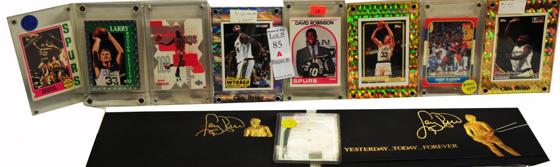 Collection of 9 Vintage Basketball cards: 1997 Dennis Rodman, 1992 Larry Bird, 1986 Akkem Olajuwon, 1994 Chris Webber(2), 1970 George Gervin, 1989 Reggie Lewis Autographed Card, 1989 David Robinson, and Larry Bird Allstar card