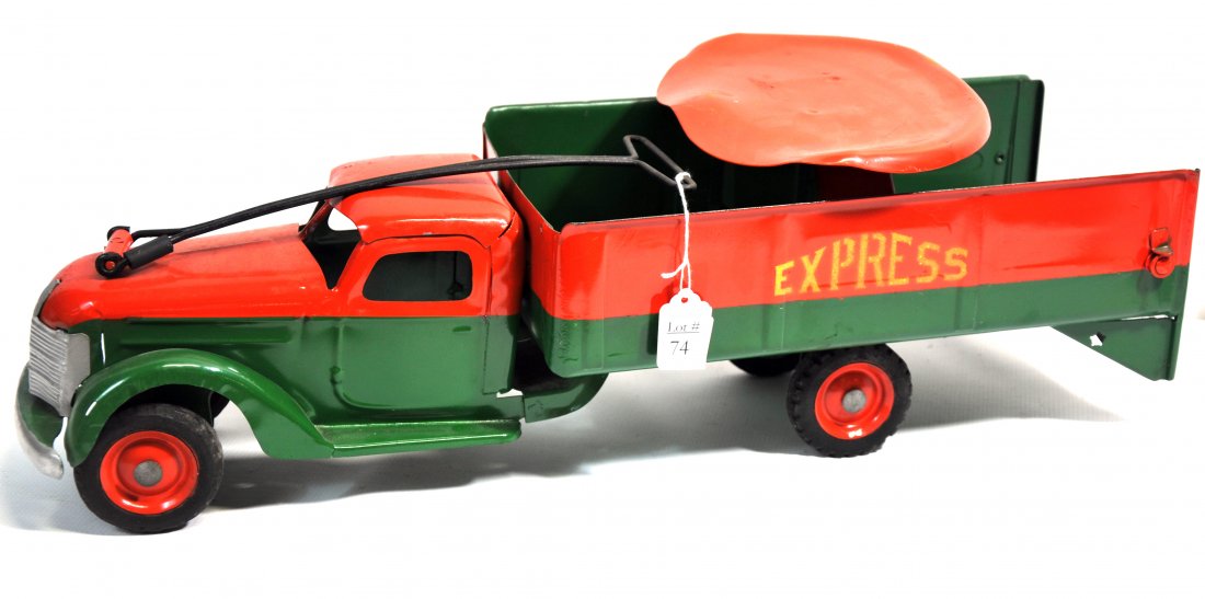 Buddy L Antique "Express" Riding Toy Truck: pressed steel with rubber wheels, 24" in length. Repainted and refurbished, beautiful piece!