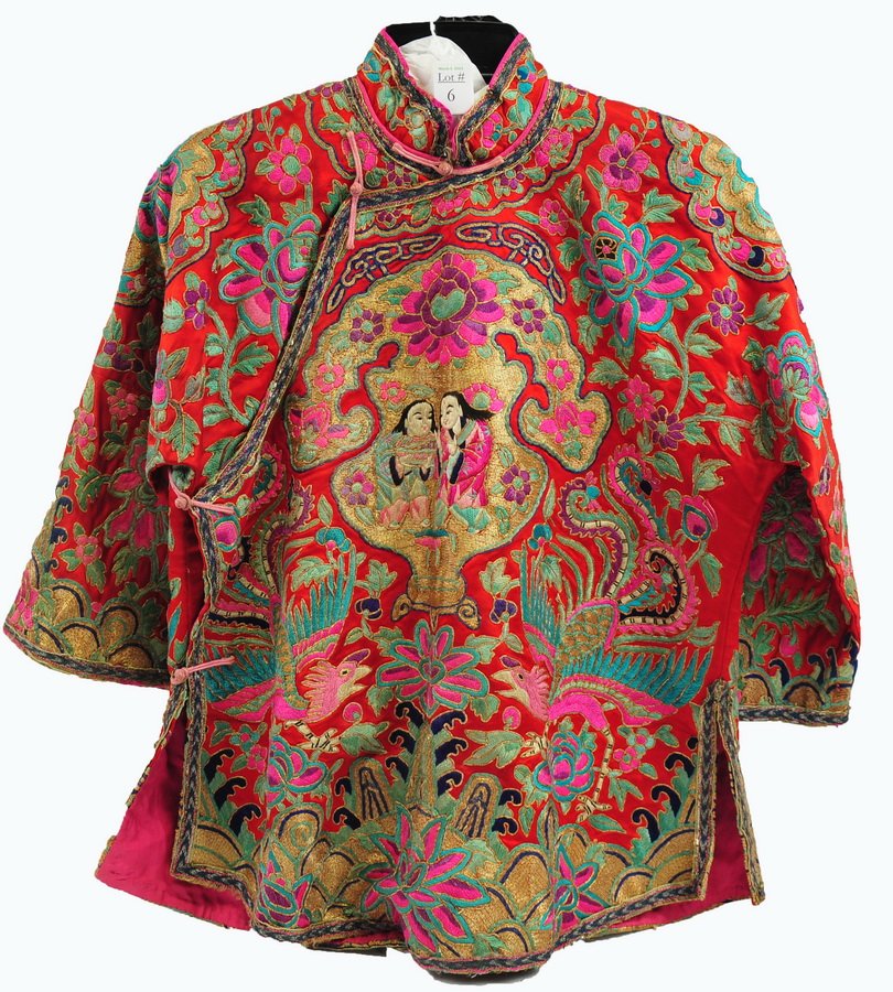 19th C Han (Qing Dynasty) Bridal Coat & Skirt: Stunning mid to late 19th C kesi mangao, or bridal coat, of red silk or satin damask exquisitely hand embroidered front and back with an intricate pattern of two central figures surrounded by flowers 