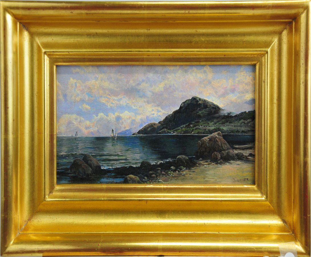 Oil On Board by Alfred Thompson Bricher 1837-1908: Beautiful Oil On Board seascape/shoreline by listed artist Alfred Thompson Bricher 1837-1908 signed lower right and measures 11x5 has been reframed 15 years ago.