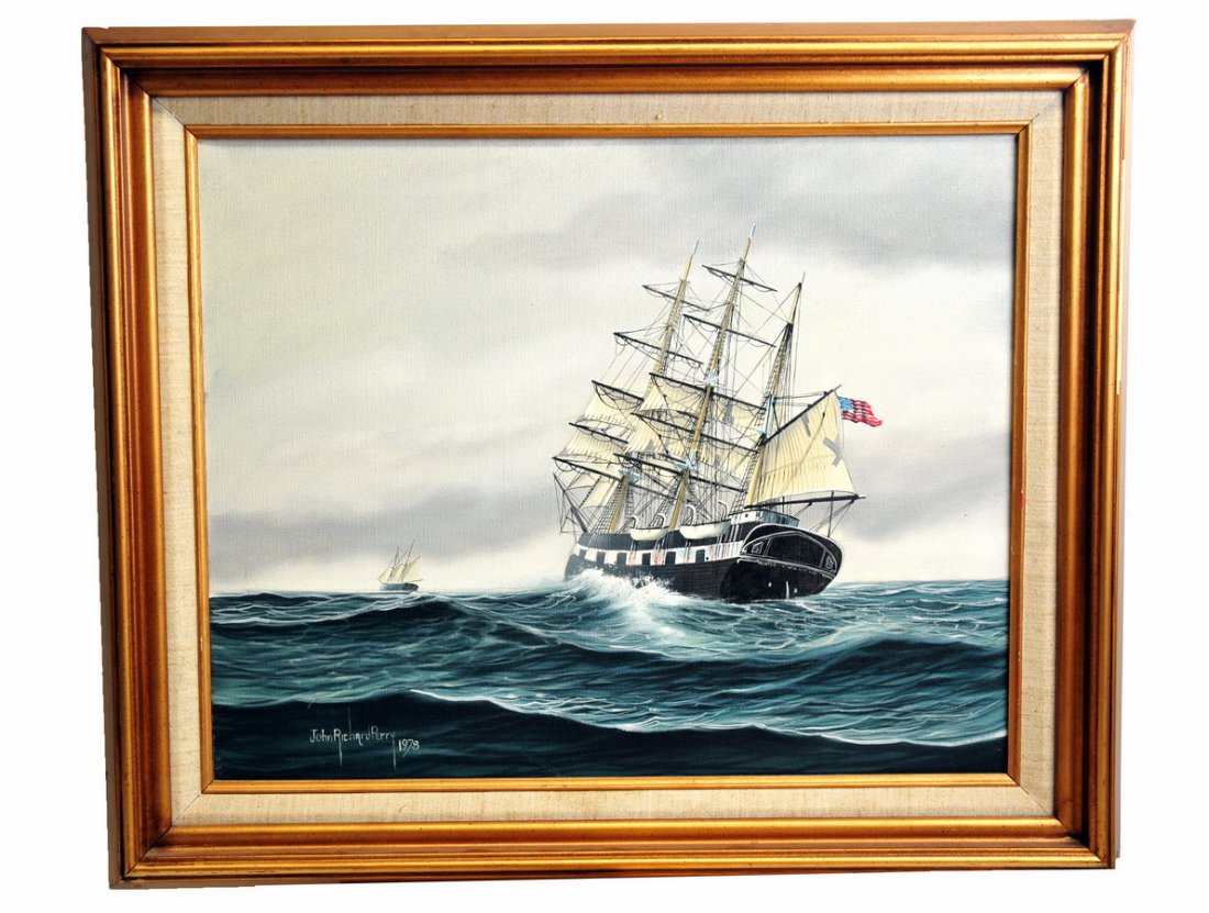 Marine Oil Painting by John Richard Perry: This 24.75 X 21.75" oil on canvas painting of two ships at sea is entitled "Hunter" and is signed on bottom left corner by foremost marine artist John Richard Perry, 1978. Perry's works appear in the
