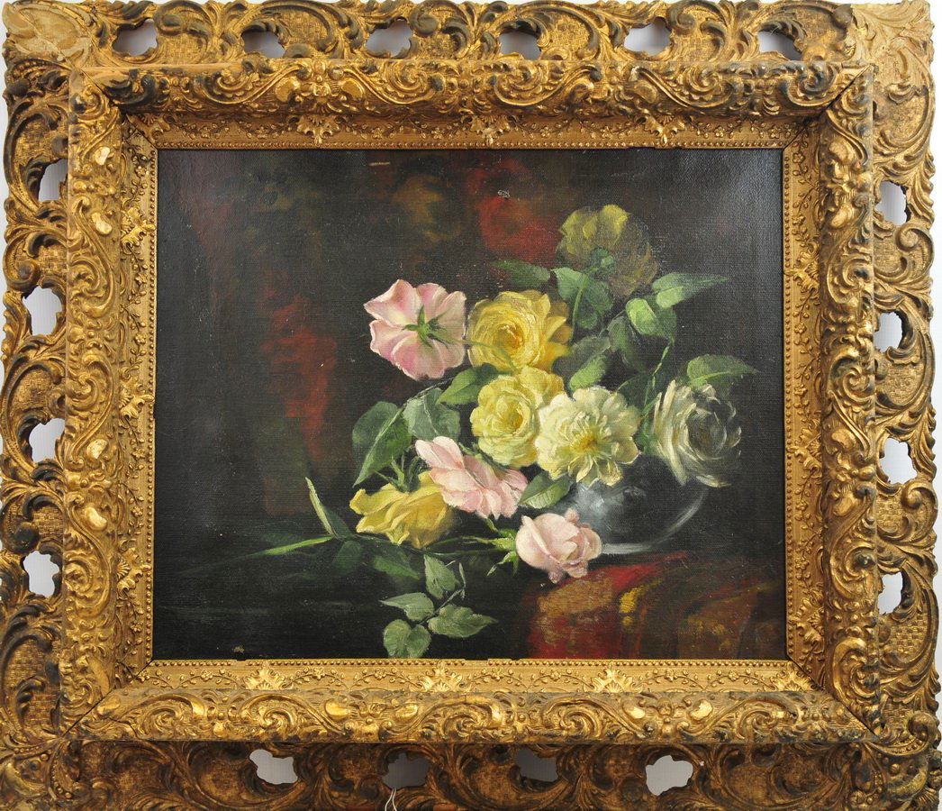 Oil on Canvas by Severin Roesen 1815-1872: Wonderful Oil on Canvas Still Life Floral by listed artist Severin Roesen. Beautifully framed for the period measures 17x21. Signed on rear.